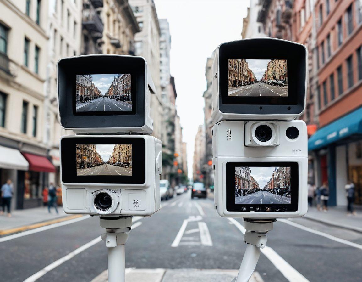 A split image showcasing the versatility of online cameras: on one side, a high-tech surveillance camera monitoring a bustling urban street, with live feeds displayed; on the other side, a serene virtual tour scene capturing a beautiful, interactive view of a historical landmark. Blend the contrast of technology and culture, highlighting the impact of cameras in modern life. super-realistic. vibrant colors. white background.