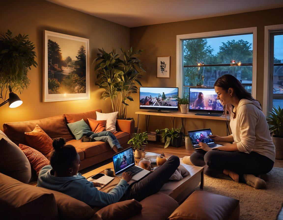 A vibrant scene showcasing diverse people engaging with live streaming events on multiple devices (laptops, smartphones, tablets) in a cozy living room filled with plants and warm lighting. Include visual elements representing real-time video feeds, like dynamic graphs and stream icons floating around. The atmosphere should be lively and connected, emphasizing the sense of community and sharing experiences. super-realistic. vibrant colors. cozy ambiance.